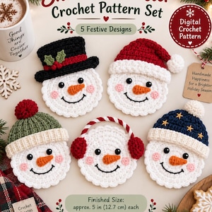 May include: A set of five crocheted snowman coasters featuring various winter hats and earmuffs. Each white snowman has a carrot nose, black eyes, and pink cheeks. The text reads Snowman Coaster Crochet Pattern Set, 5 Festive Designs, and Finished Size: approx. 5 in (12.7 cm) each.