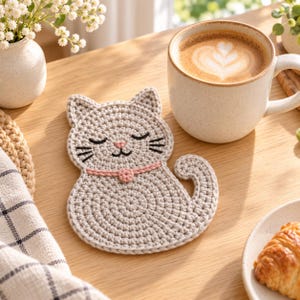 May include: A light beige crochet coaster shaped like a sitting cat. The cat features embroidered black eyes, whiskers, and a mouth, along with a small pink collar and a curled tail. The coaster is crafted with a circular stitch pattern throughout.