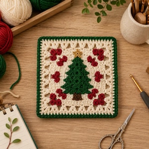May include: A square crochet granny square featuring a central dark green Christmas tree with a small gold star on top, surrounded by red berry clusters on a cream background, all framed by a dark green border with an openwork lace pattern.