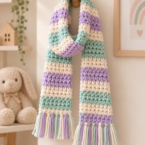 May include: A crochet scarf featuring horizontal stripes in alternating colors of lavender, mint green, and cream. The scarf has a textured stitch pattern and is finished with long, knotted fringe tassels in matching lavender, mint green, and cream yarn.