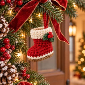 May include: A small, crocheted Christmas stocking ornament featuring a red body, a cream-colored cuff, and a brown sole. The stocking is decorated with a small green leaf and three red berry accents, and includes a red yarn loop for hanging.