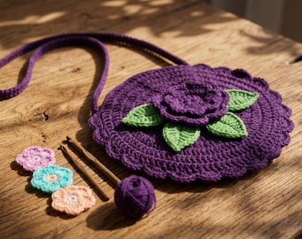 Schema PDF per borsetta a fiore all'uncinetto / Tutorial per borsa a tracolla per bambini / Schema fai da te per borsa rotonda all'uncinetto