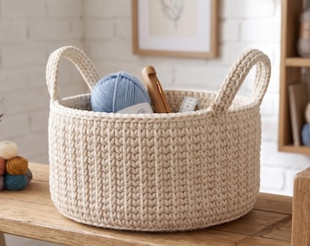Crochet Basket Pattern Beginner | Chunky Storage Basket with Handles | Easy Step-by-Step PDF | Home Decor