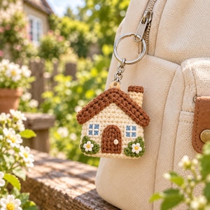 Pode incluir: Um porta-chaves de casa em croché com exterior creme, telhado castanho e porta castanha. A casa tem duas janelas azuis com molduras brancas e arbustos verdes com pequenas flores brancas em ambos os lados da porta. Está pendurado num anel de metal.