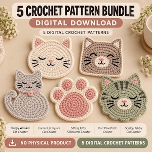 Peut inclure: Un lot de 5 modèles de crochet en téléchargement numérique représentant des sous-verres en forme de chat. Les motifs incluent un visage de chat crème, un visage de chat carré marron, un chat gris assis, une patte rose et un chat tabby vert.