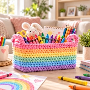 Puede incluir: Una cesta rectangular de ganchillo con rayas horizontales en rosa, naranja, amarillo, verde claro, azul claro y morado. La cesta contiene un pequeño conejo de peluche, un bloc de notas en espiral con un dibujo de sol y varios crayones.