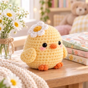 May include: A round, yellow crocheted chick plush toy featuring a white daisy flower on its head, black bead eyes, a small orange beak, and pink blush accents on its cheeks. The chick has two small orange feet and two side wings.