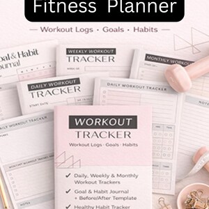 May include: A Beginner's Fitness Planner set featuring multiple pages including a Weekly Workout Tracker, Daily Workout Tracker, and Goal & Habit Journal. The documents are light pink and white with black text, accompanied by a small pink dumbbell and clips.