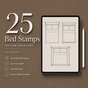 May include: A digital tablet displaying three black line-art illustrations of beds from a top-down perspective. The text on the left reads 25 Bed Stamps, Top View Collection, For Procreate, 25 Detailed Bed Stamps, Top View Layouts, Procreate Ready, and Instant Digital Download. A white stylus is positioned to the right of the tablet.