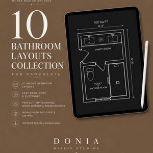 Könnte beinhalten: Ein digitales Tablet zeigt einen Badezimmergrundriss mit den Maßen 8 Fuß mal 12 Fuß 6 Zoll, beschriftet mit 100 Quadratfuß. Der Bildschirm zeigt einen Waschtischraum sowie einen Toiletten- und Duschraum. Ein weißer Eingabestift liegt neben dem Tablet.
