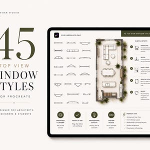 Puede incluir: Un recurso de diseño digital para Procreate con 45 estilos de ventanas en vista superior. La interfaz muestra una colección de iconos de ventanas arquitectónicas, un plano de planta de muestra y pasos para arquitectos y diseñadores.