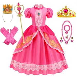 Prinsessan Peach-kostym för flickor – Super Mario Cosplay-klänning för Halloween eller födelsedag Dress + Accessories