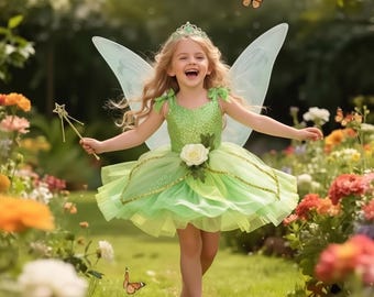 Girls Green Fairy Princess Dress | Toddler Tinkerbell Inspired Costume with Wings & Wand