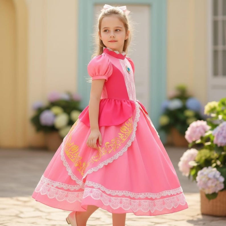 Prinsessan Peach-kostym för flickor – Super Mario Cosplay-klänning för Halloween eller födelsedag bild 2