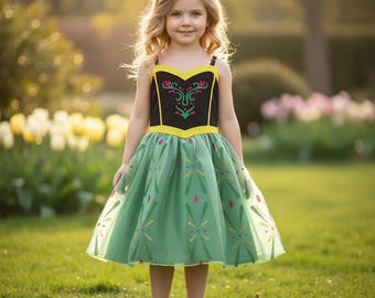 Girls Green Frozen Anna Cosplay Costume / Kids Princess Summer Dress