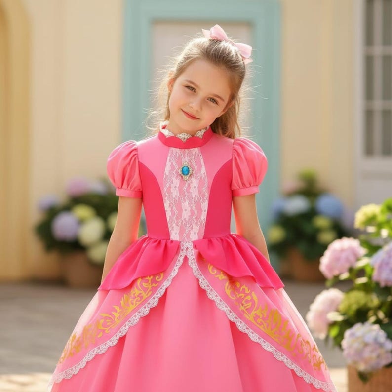 Prinsessan Peach-kostym för flickor – Super Mario Cosplay-klänning för Halloween eller födelsedag bild 4