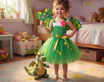 Girls Green Dragon Tutu Dress – Toddler Dinosaur Costume with Wings & Mask