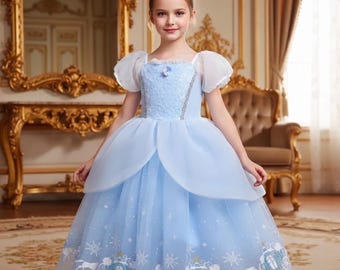 Girls Cinderella Princess Cosplay Costume / Blue Fairy Party Dress for Kids