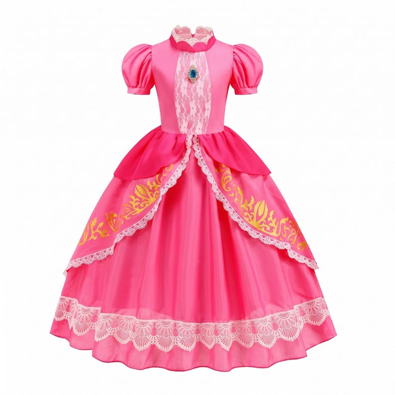 Prinsessan Peach-kostym för flickor – Super Mario Cosplay-klänning för Halloween eller födelsedag Dress Only