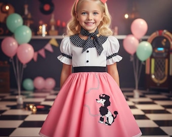 Girls 1950s Poodle Dress – Toddler 50s Skirt Vintage Rockabilly Costume with Scarf & Glasses