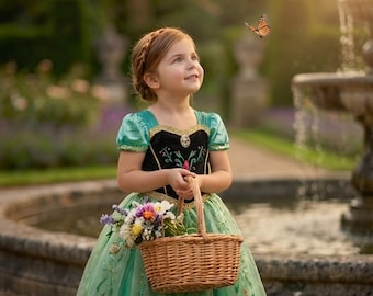 Girls Anna Green Princess Dress | Frozen Inspired Floral Princess Cosplay Costume Gown