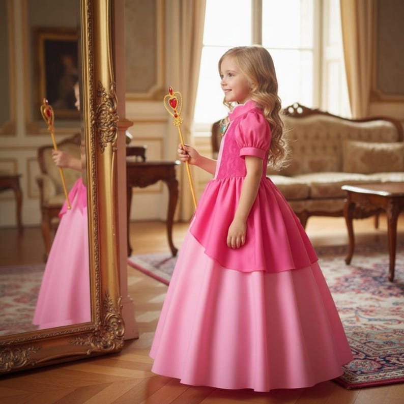 May include: A pink princess dress with a layered skirt and short sleeves. The dress features a velvet bodice and is paired with a gold wand topped with a red heart. The girl is standing in front of a large mirror.