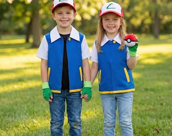 Pokemon Trainer Costume for Kids | Boys Girls Ash Inspired Cosplay Jacket with Hat Gloves & Pokeball