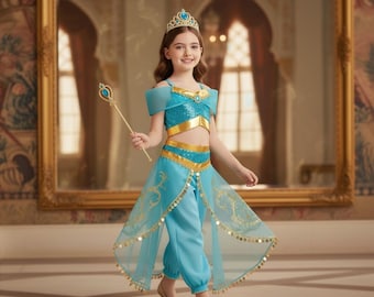 Girls Arabian Princess Jasmine Cosplay Costume / Turquoise Halloween Dress for Toddler