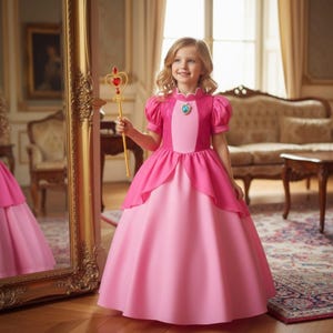 May include: A pink princess dress with a layered skirt and short puff sleeves. The dress features a bodice with a jewel and a high collar. A gold wand with a red heart is held in the hand.