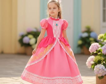 Princess Peach Costume for Girls – Super Mario Cosplay Dress for Halloween or Birthday