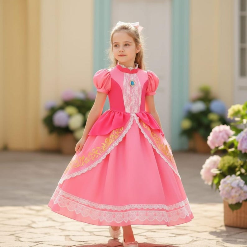 Prinsessan Peach-kostym för flickor – Super Mario Cosplay-klänning för Halloween eller födelsedag bild 1