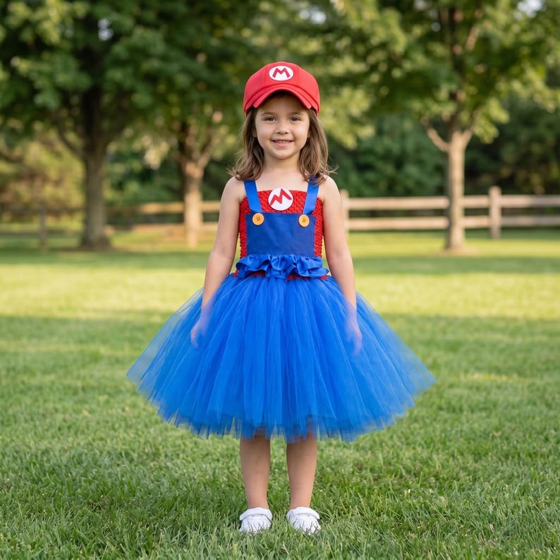 Op de afbeelding: Een rode honkbalpet met een wit M-logo en een blauw-rode tutu-jurk met een rood gehaakt lijfje, blauwe bandjes met gele knopen en een volle blauwe tule rok. Het lijfje is voorzien van een witte ronde patch met een rood M-embleem.