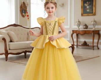 Girls Belle Princess Cosplay Costume / Beauty and the Beast Yellow Ball Gown Dress