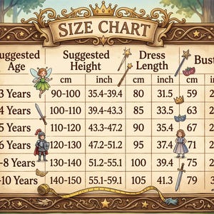 May include: A whimsical size chart for children's costumes, featuring measurements in inches and centimeters. The chart includes suggested ages, heights, dress lengths, and bust sizes, with decorative illustrations of fairies, swords, and crowns. The text reads "SIZE CHART".