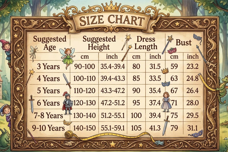 May include: A whimsical size chart for children's costumes, featuring measurements in inches and centimeters. The chart includes suggested ages, heights, dress lengths, and bust sizes, with decorative illustrations of fairies, swords, and crowns. The text reads "SIZE CHART".