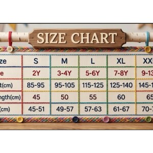 Op de afbeelding: Een rechthoekig maattabelbord met een houten bovenbalk met het opschrift SIZE CHART. Het raster toont de maten S tot XXXL, gekoppeld aan leeftijd, lengte in cm, knielengte in cm en borstomvang in cm. De rand is versierd met gekleurde knopen.