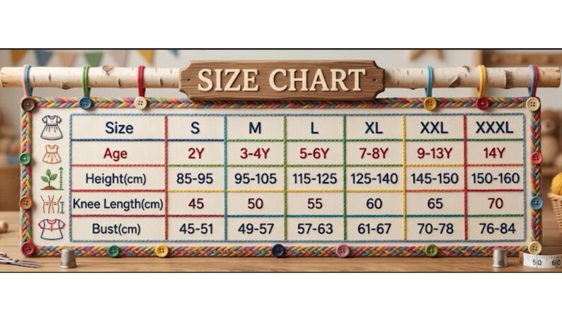 Op de afbeelding: Een rechthoekig maattabelbord met een houten bovenbalk met het opschrift SIZE CHART. Het raster toont de maten S tot XXXL, gekoppeld aan leeftijd, lengte in cm, knielengte in cm en borstomvang in cm. De rand is versierd met gekleurde knopen.