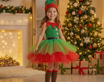 Girls Red Green Christmas Elf Costumes / Xmas Elves Fairy Dresses for Kids