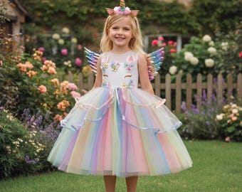 Kids Unicorn Cosplay Costume for Girls – Toddler Rainbow Tutu Dress for Birthday & Halloween