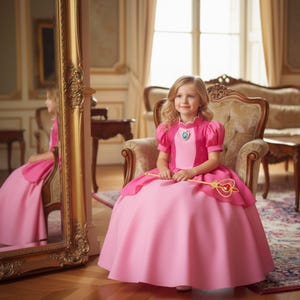 May include: A young girl in a pink princess costume sits in a decorative chair. The dress features a high collar, short sleeves, and a full skirt. She holds a gold wand with a heart-shaped top. A large mirror reflects the girl and the room.