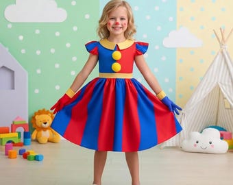 Girl Clown Pomni Cosplay Costume / Kids Circus Dress Up with Gloves