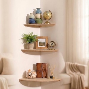 Corner Wall Shelf Floating Wood Round End Wall Shelf Mounted Storage for Bedroom Living Kitchen | carved wood bookends
