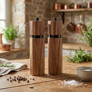 May include: Two tall, cylindrical salt and pepper grinders crafted from dark brown wood with a visible natural grain. Each mill features a black metal ring separating the main body from the top cap, which is topped with a small black adjustment knob.