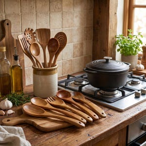 May include: Wooden kitchen utensils, including spoons and spatulas, are arranged on a wooden board and in a ceramic jar. A black cast iron pot sits on a gas hob. Olive oil bottles and fresh herbs are also visible.