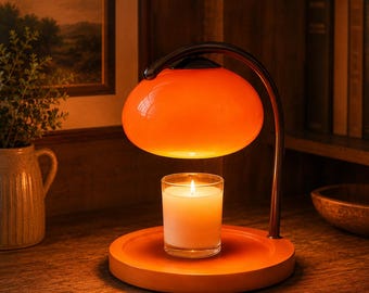 Orange Glass Mushroom Lamp, Vintage Candle Warmer Lamp, Wood Base Mood Light, Cozy Bedside Table Lamp, Ambient Home Decor Gift