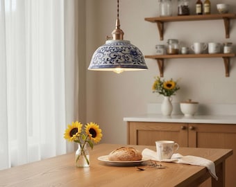 Elegant Blue White Ceramic Pendant Lamp with Copper Socket – Modern Minimal Lighting for Home Decor