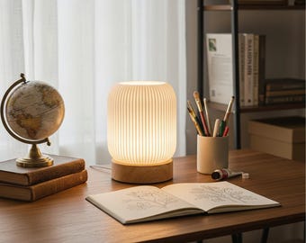Cordless Touch Lamp - Dimmable Rechargeable Table Lamp, Modern Pleated Design, USB Type-C Charging, Cozy Home Gift