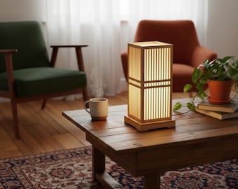 Japanese Bamboo Lattice Table Lamp - Artisan 41cm Zen Light for Home, Office & Dining Decor
