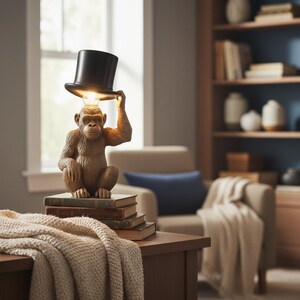 Lámpara de mesa con forma de mono caprichoso y sombrero de copa: iluminación escultural impresa en 3D para una decoración del hogar única.