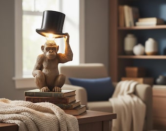 Whimsical Monkey Table Lamp with Top Hat – 3D Printed Sculptural Lighting for Unique Home Decor